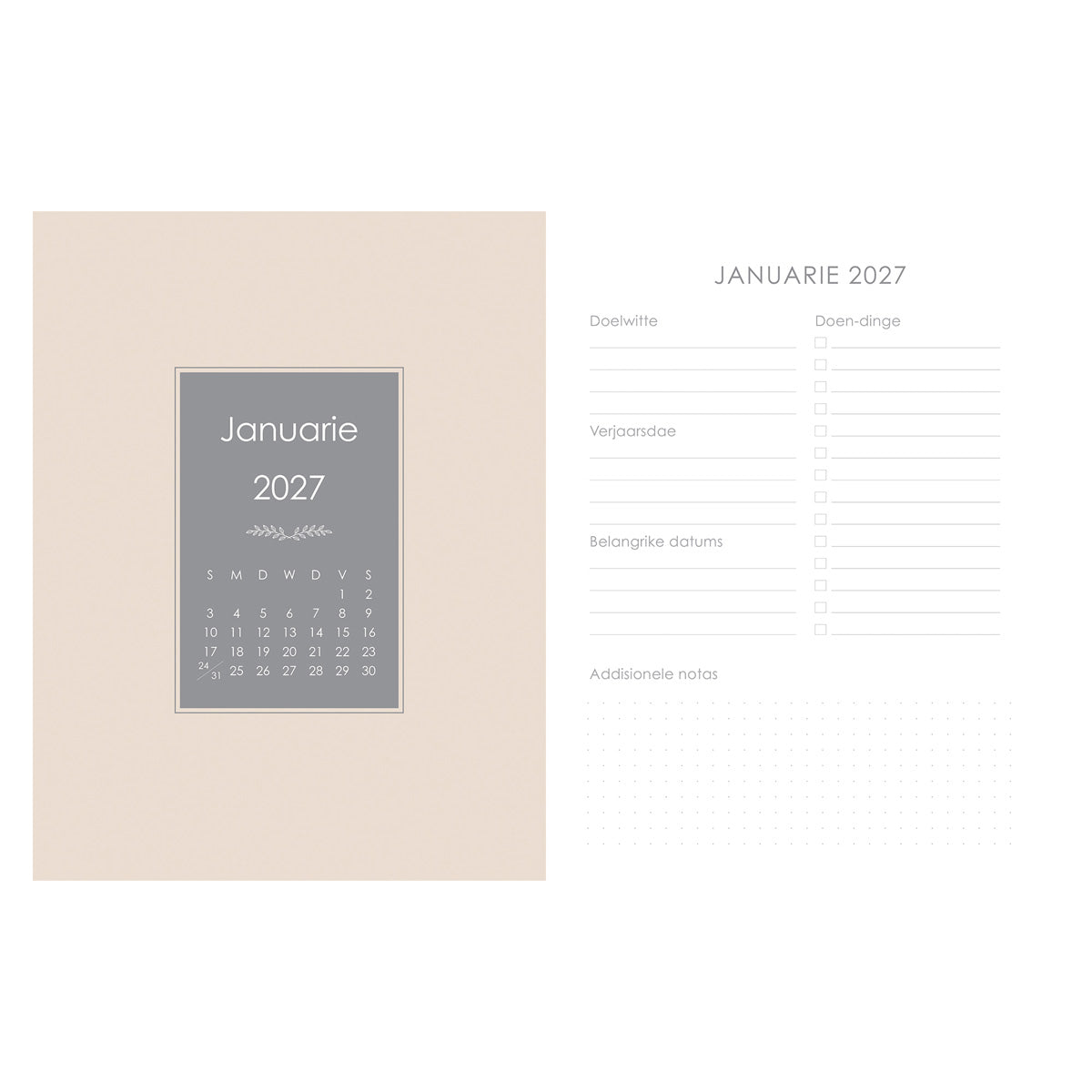 2027 18-Maande Dagbeplanner vir Vroue - Ek Is Tot Alles in Staat - Kunsleer met Rits