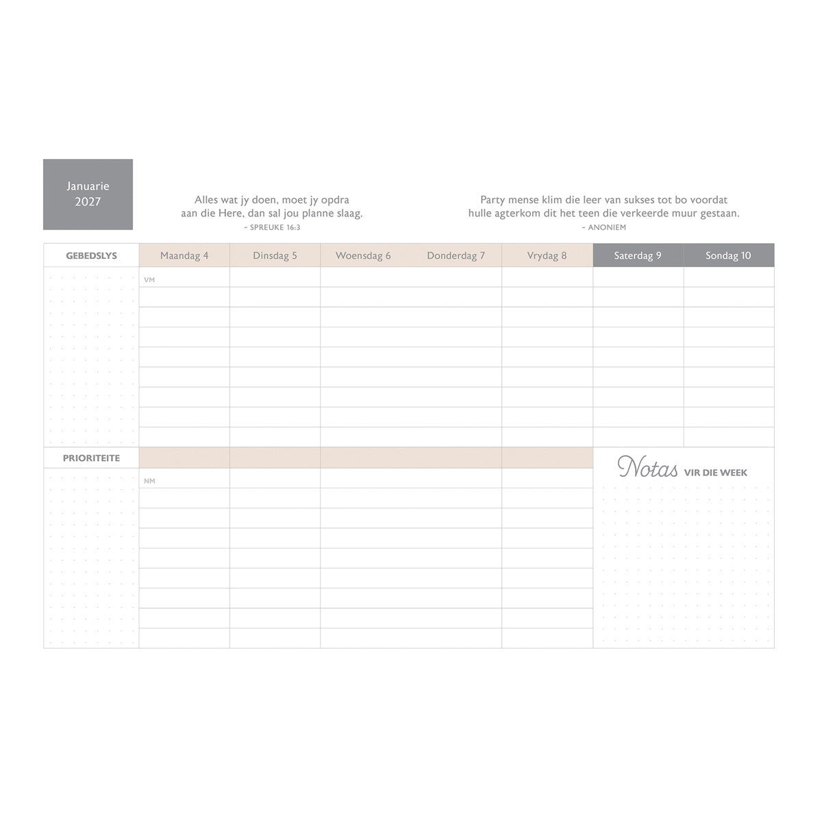 2027 18-Maande Dagbeplanner vir Vroue - Ek Is Tot Alles in Staat - Kunsleer met Rits
