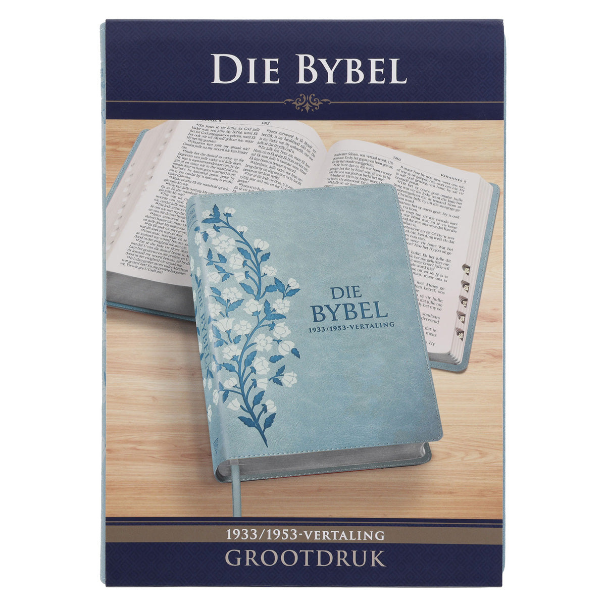 Afrikaans 1933/1953 Vertaling Ligblou met Blomme Kunsleer Bybel Grootdruk