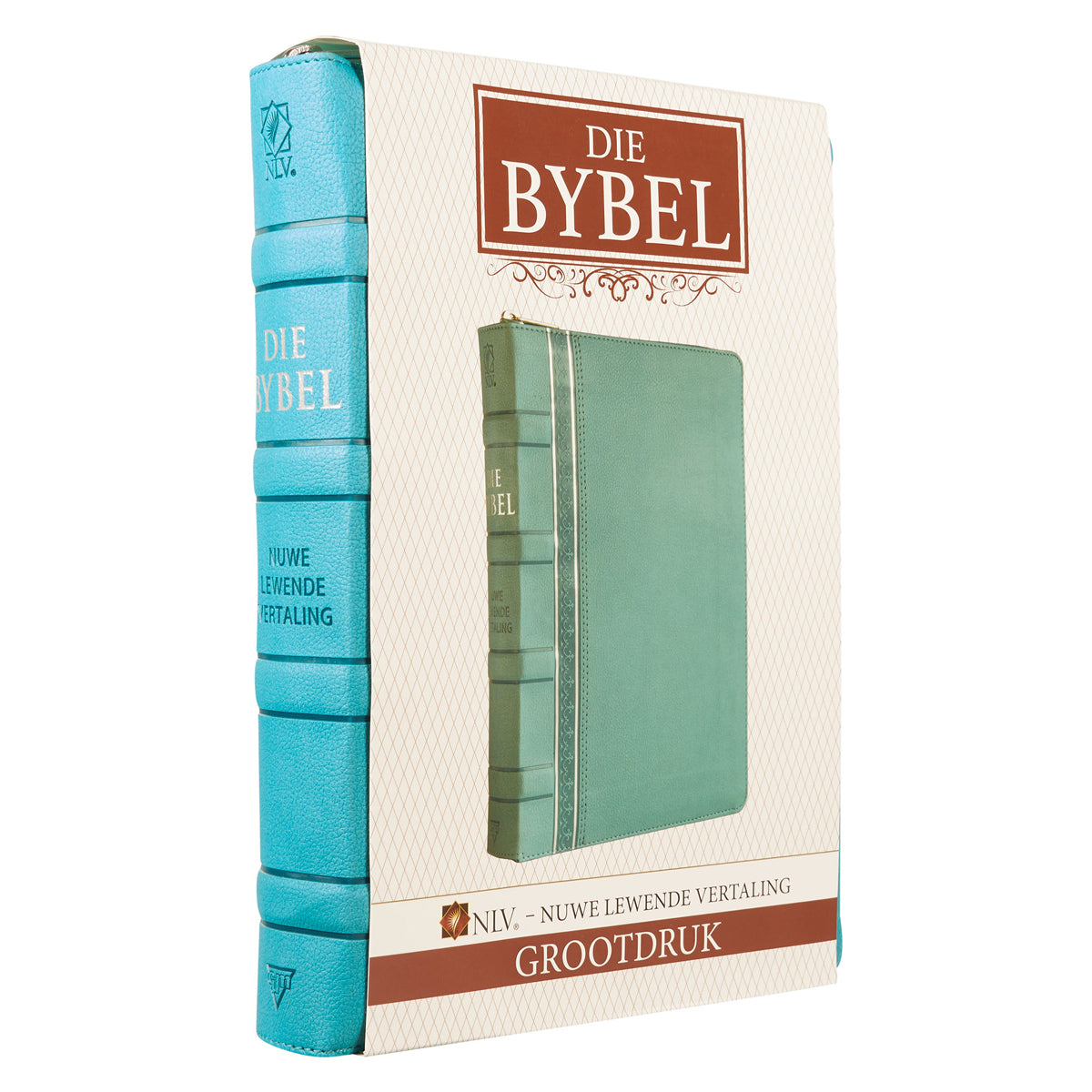 NLV Blougroen Kunsleer Bybel Grootdruk Met Ritssluiter & Duimgrepe