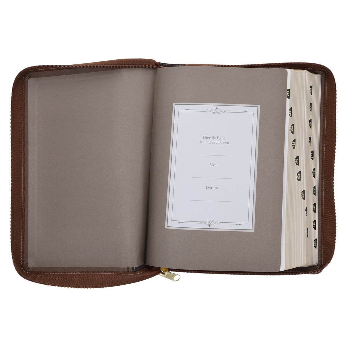 NLV Tweekleur Bruin Kunsleer Bybel Grootdruk Met Ritssluiter & Duimgrepe