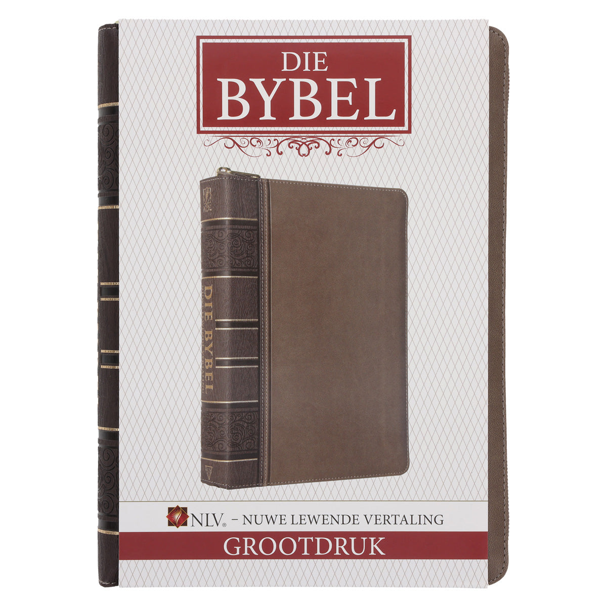NLV Tweekleur Bruin Kunsleer Bybel Grootdruk Met Ritssluiter & Duimgrepe