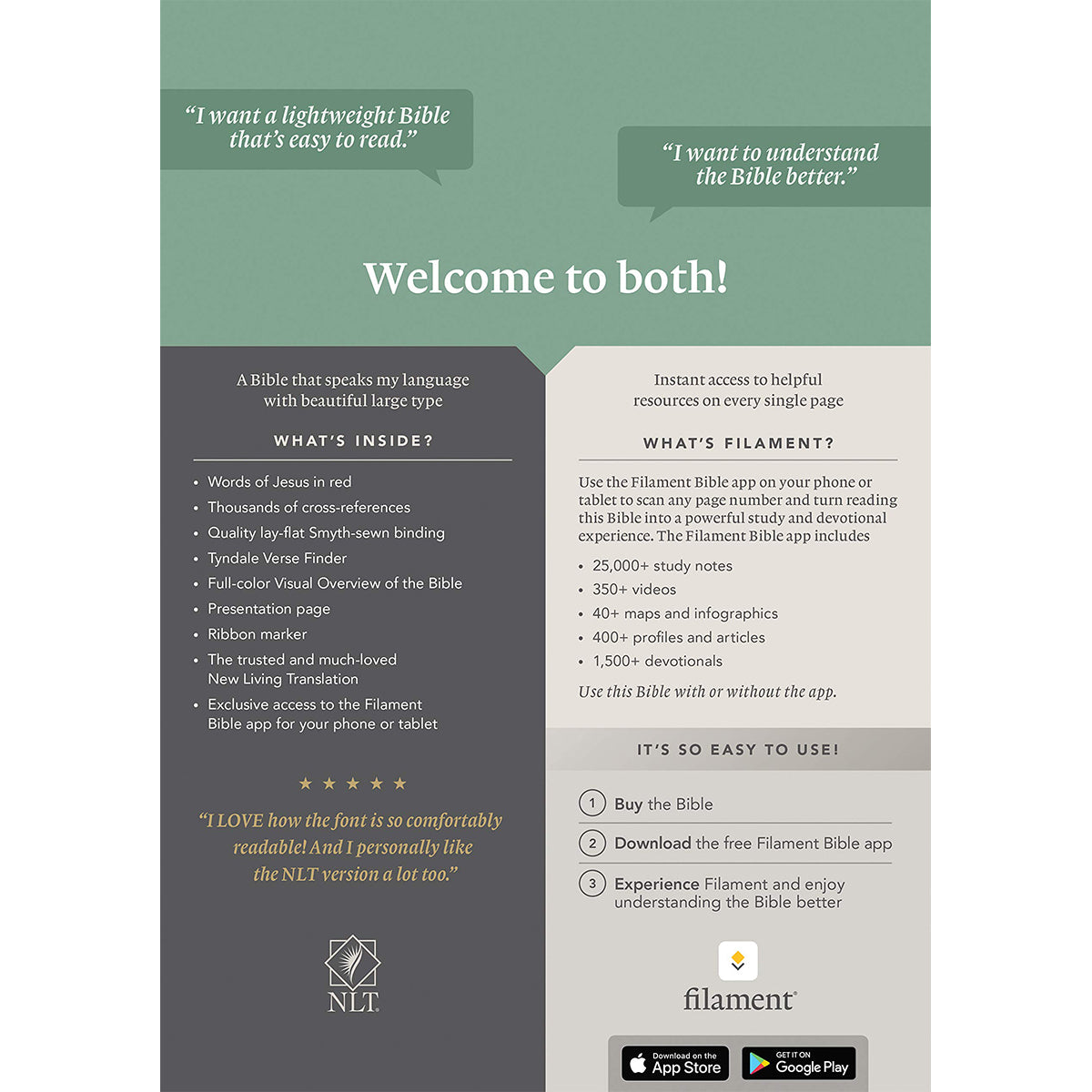 NLT Filament Thinline Reference Bible Large Print Red Letter Cross Grip Black (Imitation Leather)