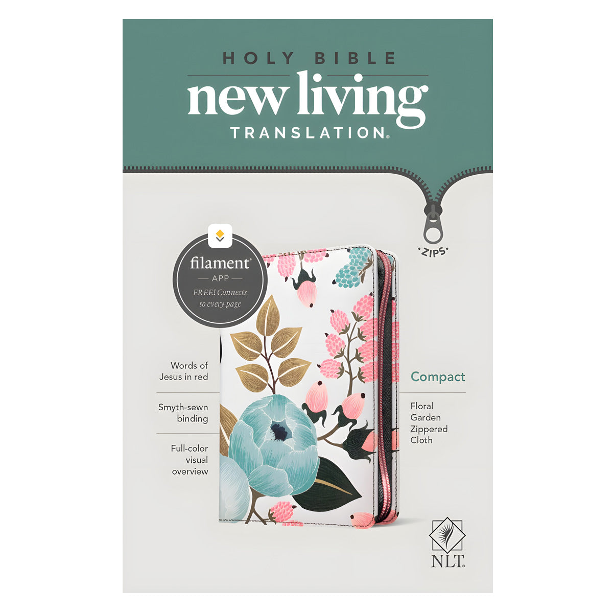 NLT Filament Compact Zipper Bible, Red Letter, Cloth, With Zipper, Floral Garden (Paperback)