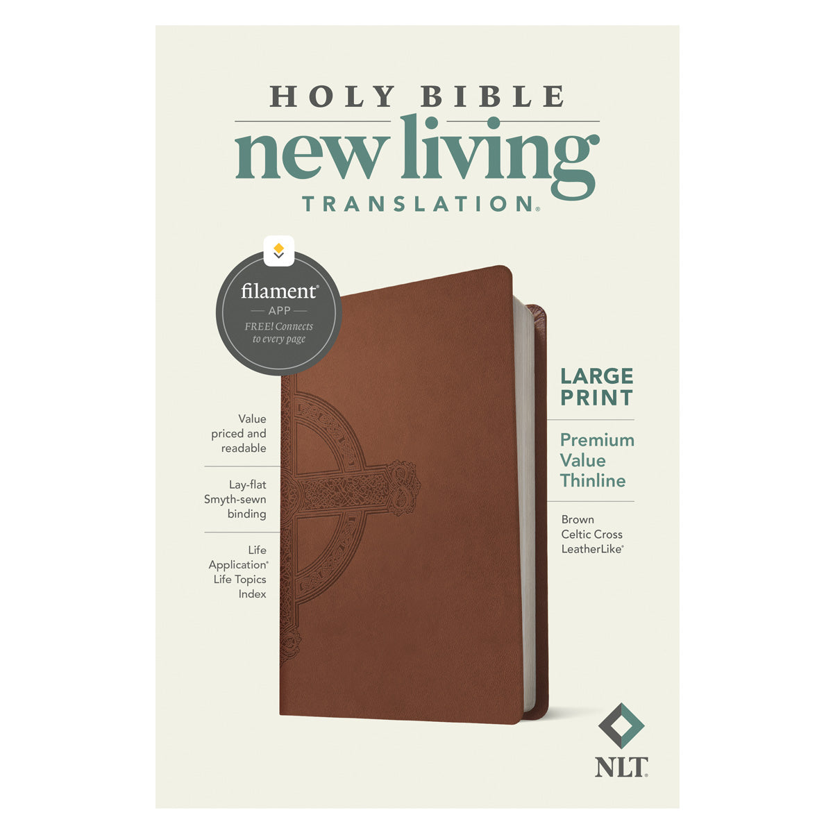 NLT Filament Premium Value Thinline Bible, Filament Enabled, Large Print, Brown Cross (Imitation Leather)