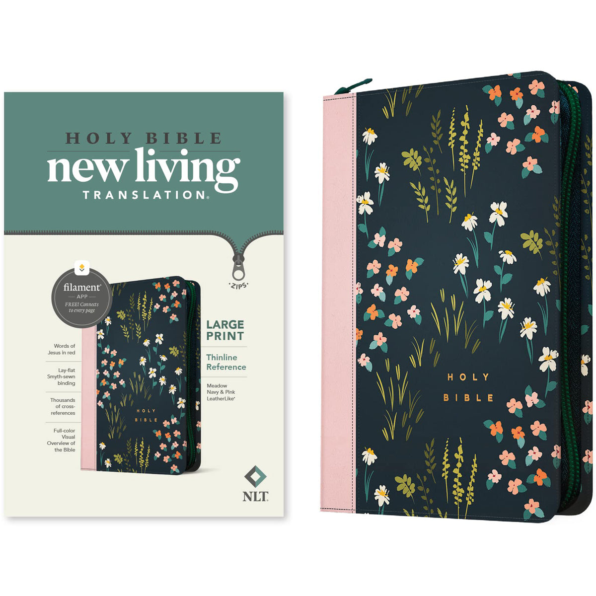 NLT Filament Thinline Reference Bible, Large Print Navy & Pink Meadow With Zip (Imitation Leather)