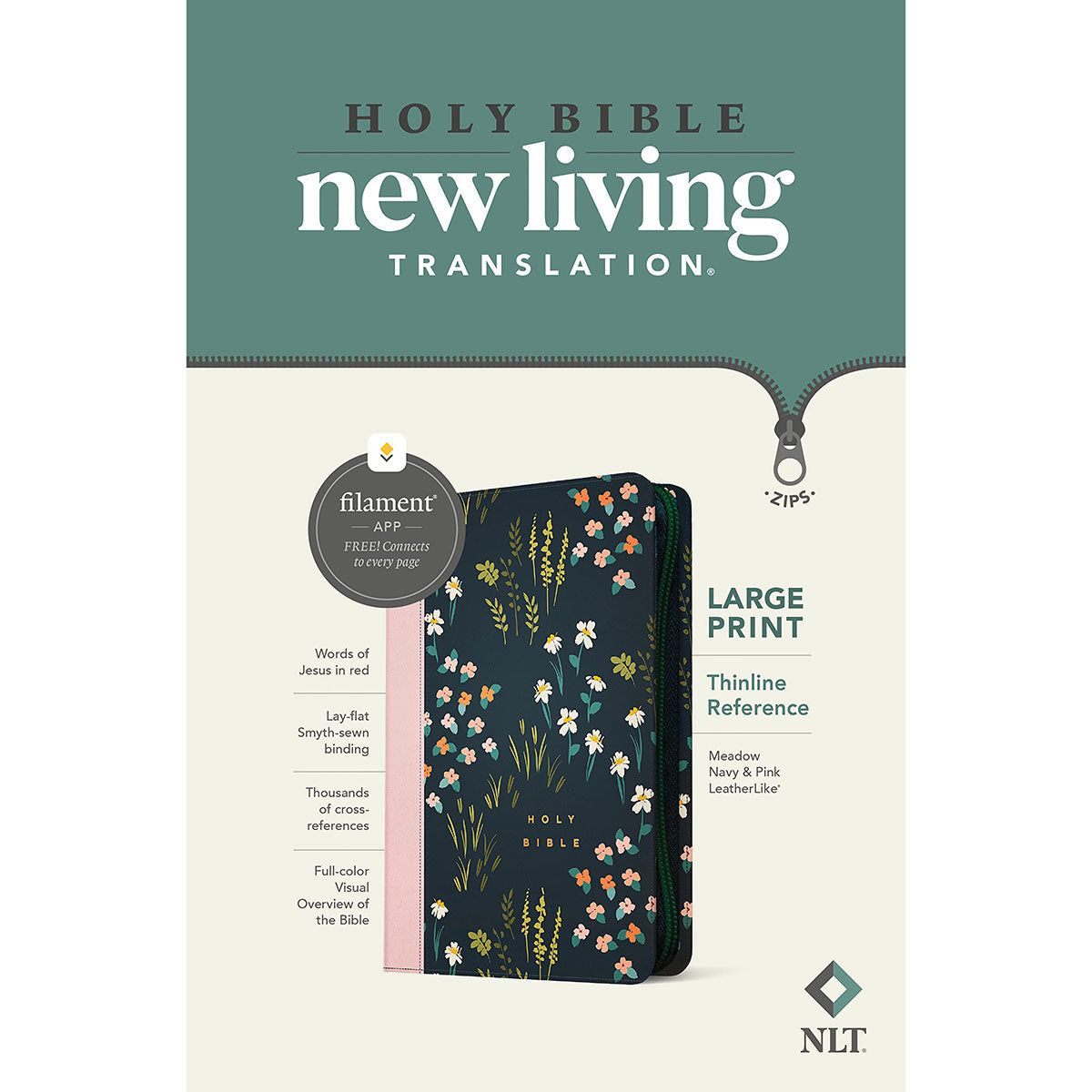 NLT Filament Thinline Reference Bible, Large Print Navy & Pink Meadow With Zip (Imitation Leather)