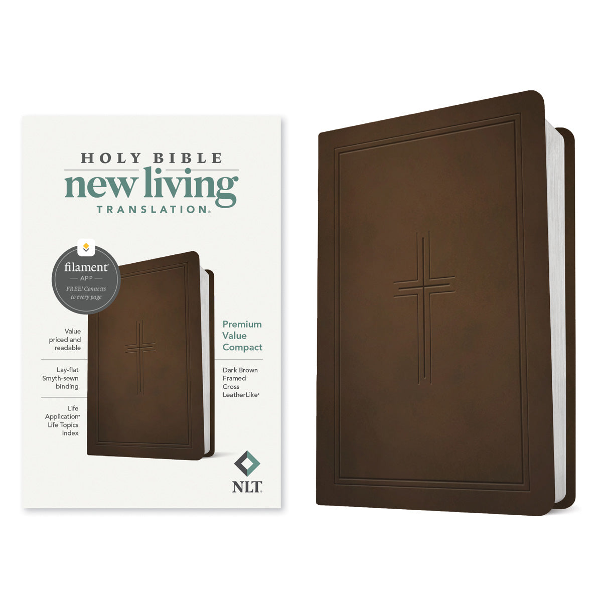 NLT Dark Brown Framed Cross Imitation Leather Premium Value Filament Compact Bible