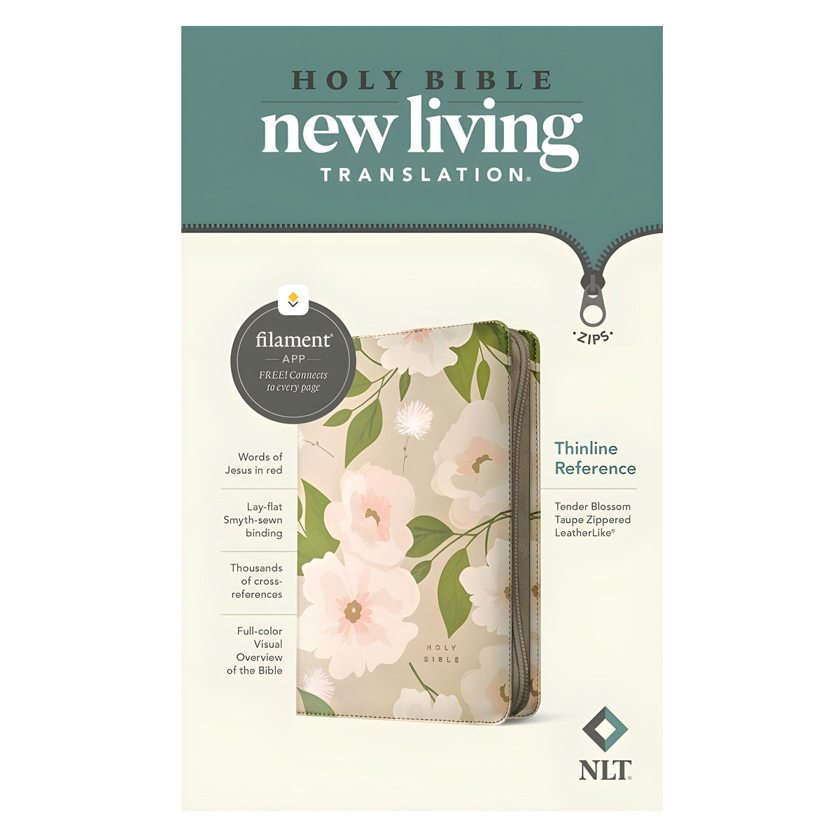 NLT Tender Blossom Taupe Imitation Leather with Zip Filament Thinline Ref Bible Red Letter