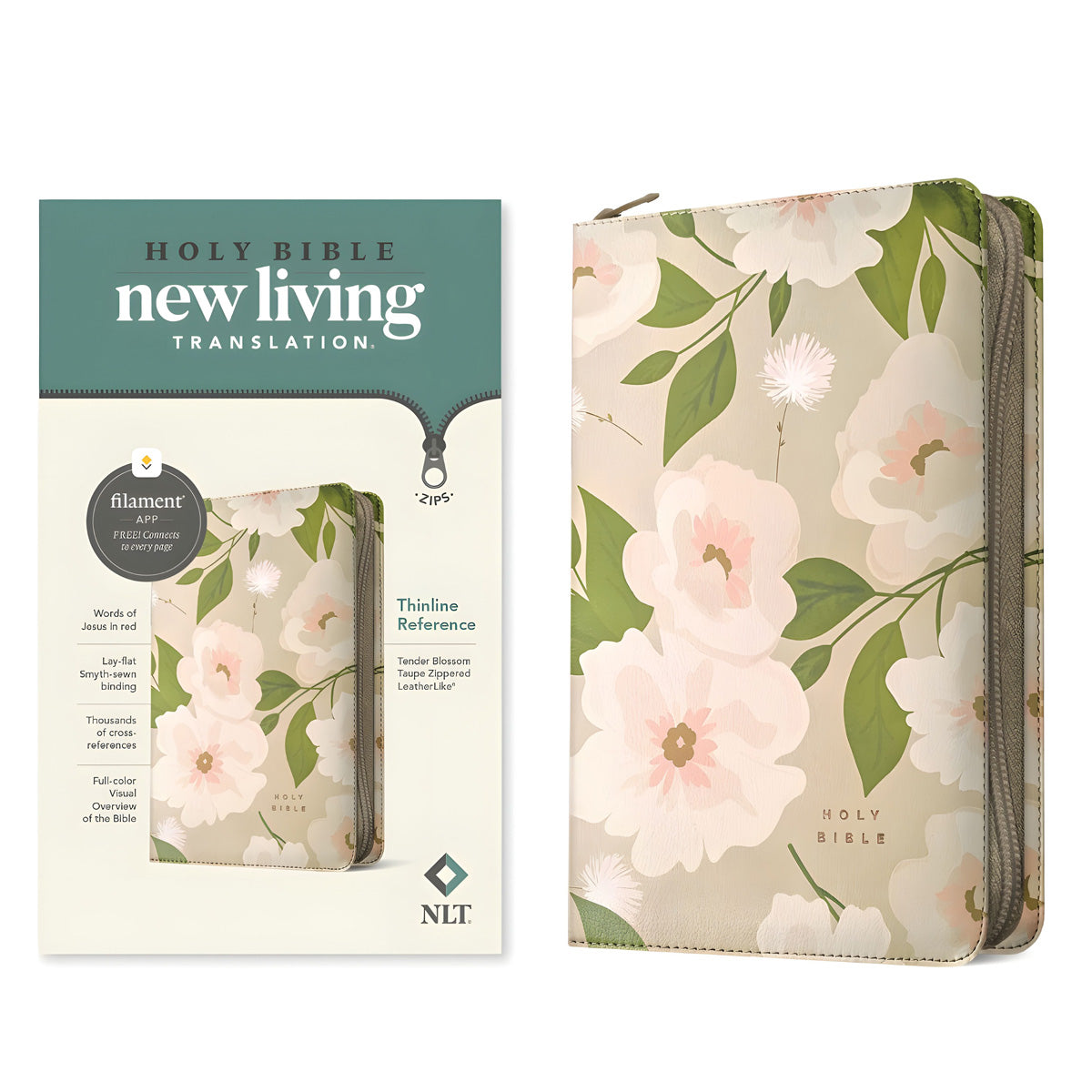NLT Tender Blossom Taupe Imitation Leather with Zip Filament Thinline Ref Bible Red Letter