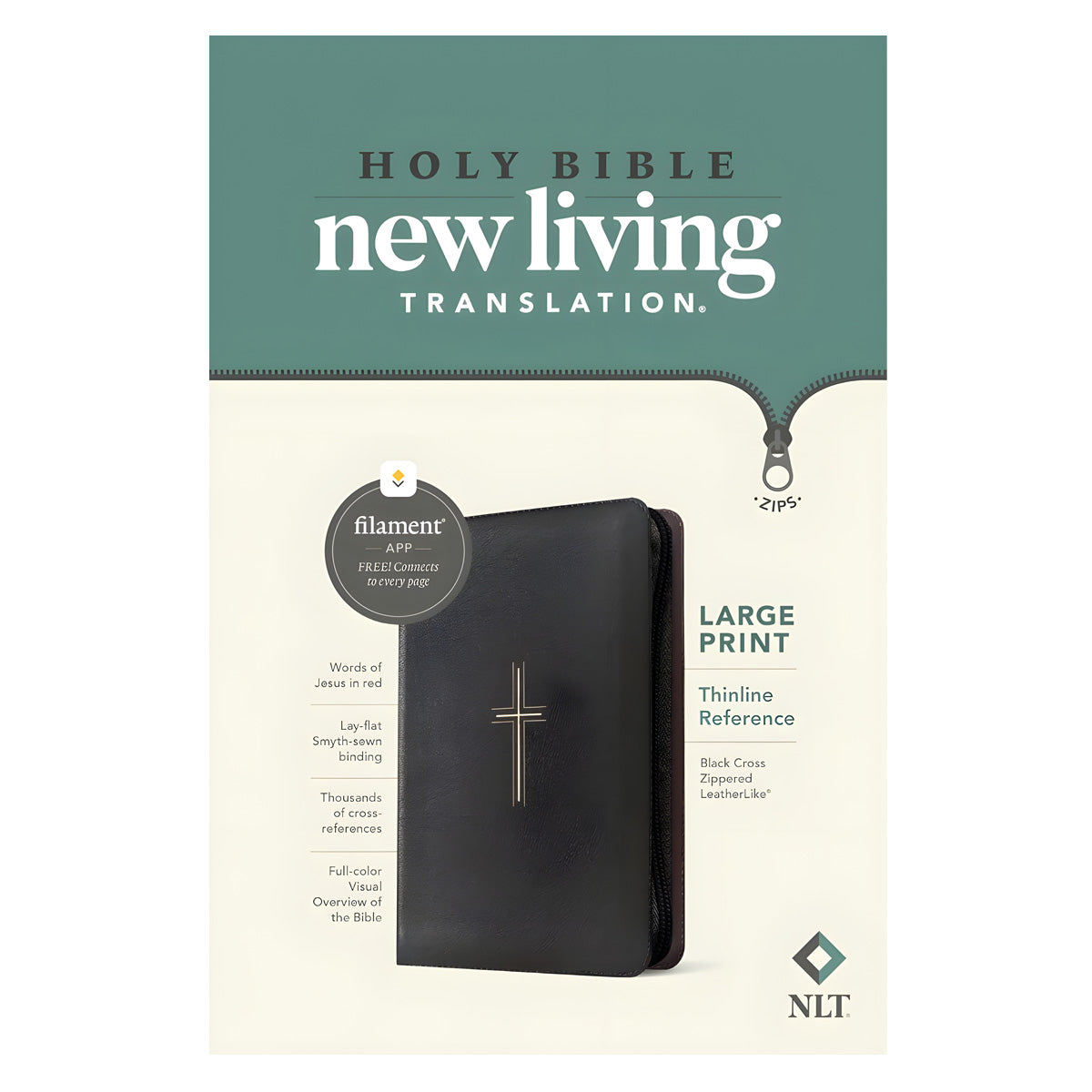 NLT Black Cross Imitation Leather with Zip Filament Thinline Ref Bible Large Print Red Letter