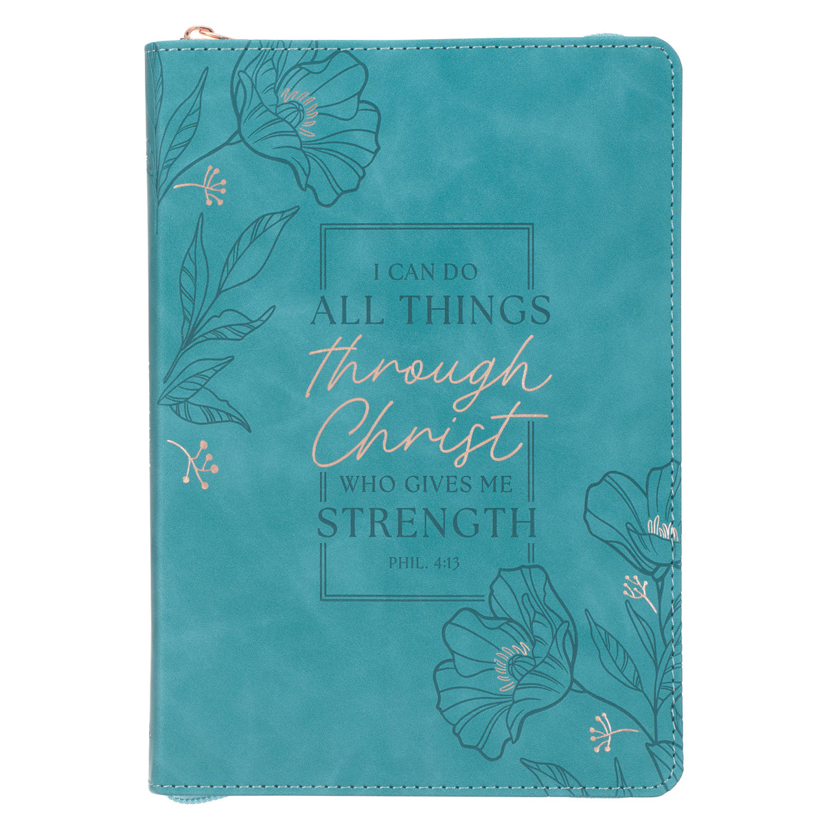All Things Through Christ Teal Faux Leather Journal with Zipped Closure