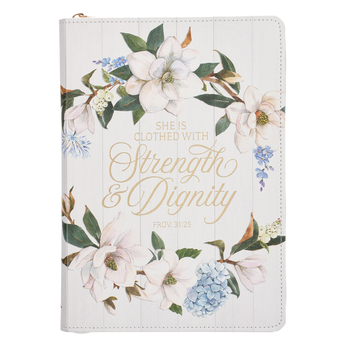 Strength & Dignity White Magnolia Faux Leather Journal with Zipped Closure