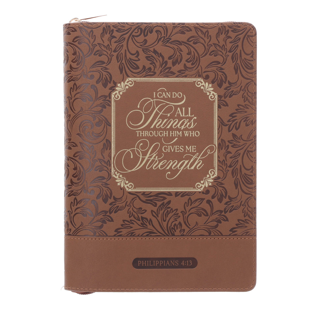 I Can Do All Things Through Him Brown Faux Leather Journal with Zipped Closure