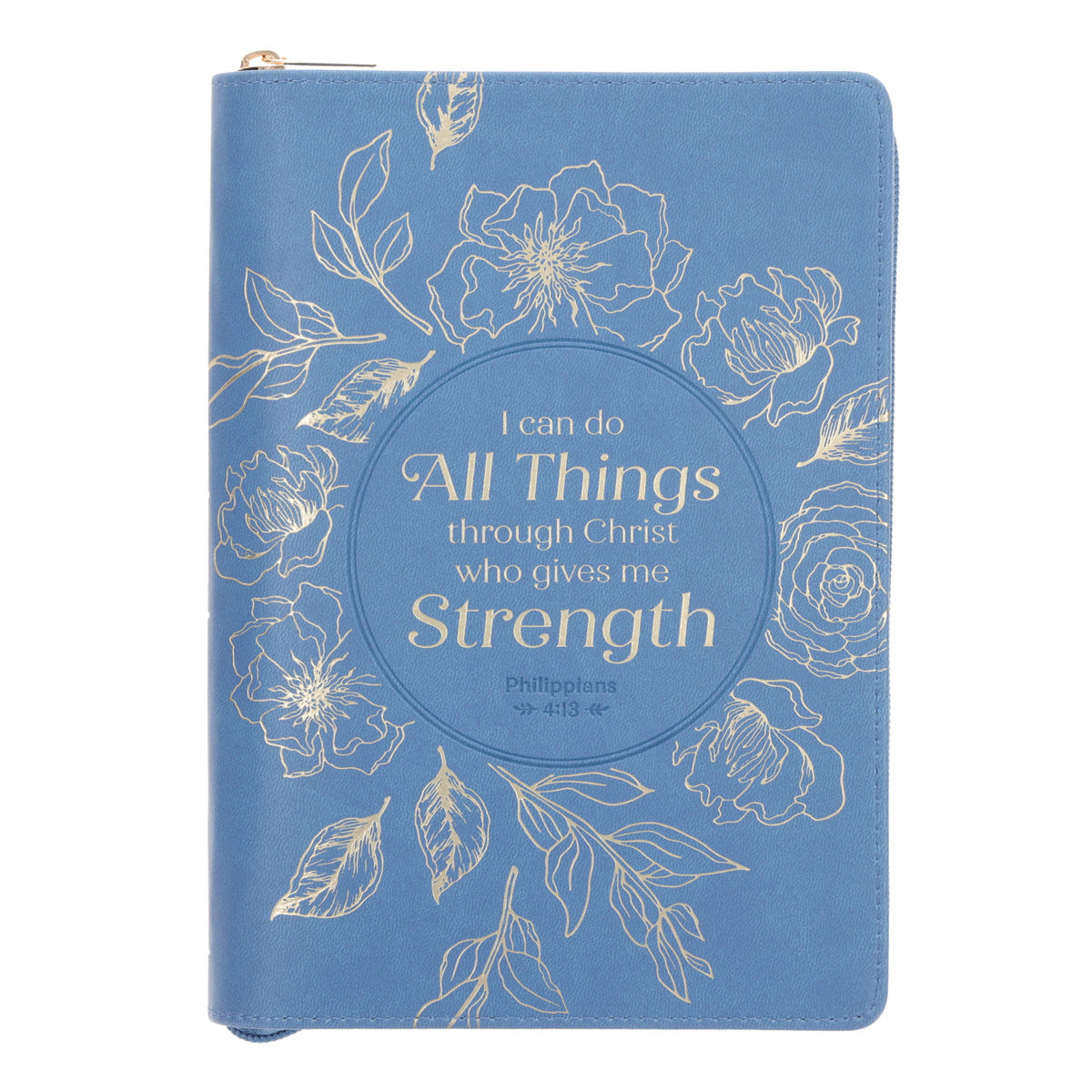 I Can Do All Things Through Him Blue Faux Leather Journal with Zipped Closure