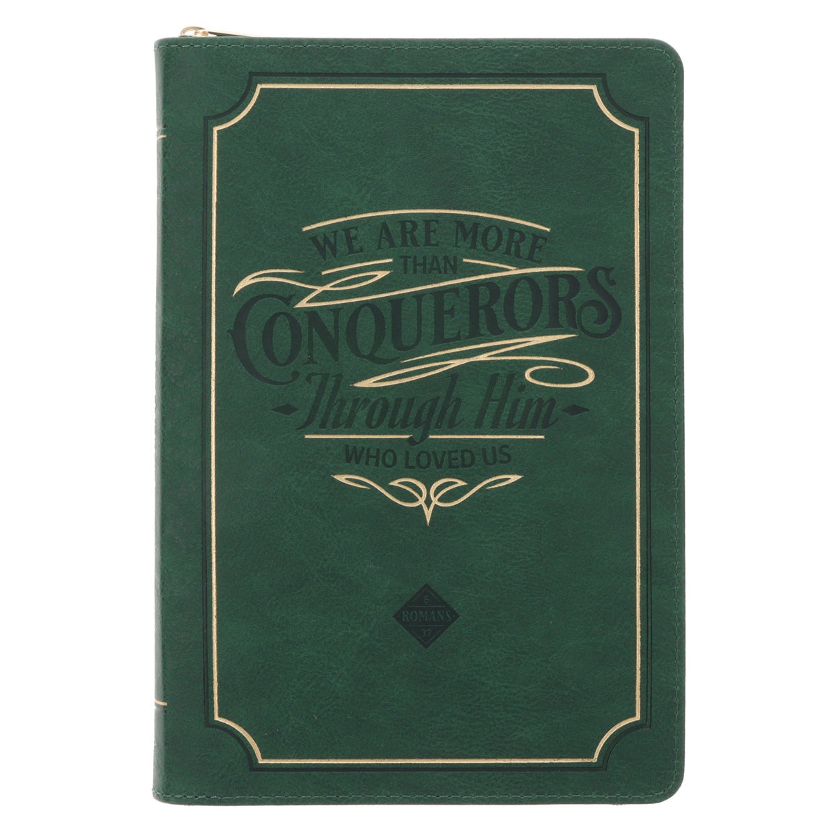 We Are More than Conquerors Through Him Who Loved Us Green Faux Leather Journal with Zipped Closure