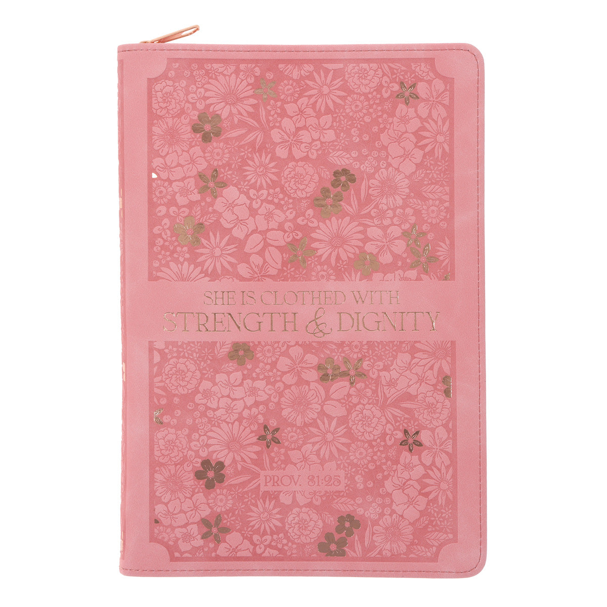 She Is Clothed with Strength and Dignity Coral Faux Leather Journal with Zipped Closure