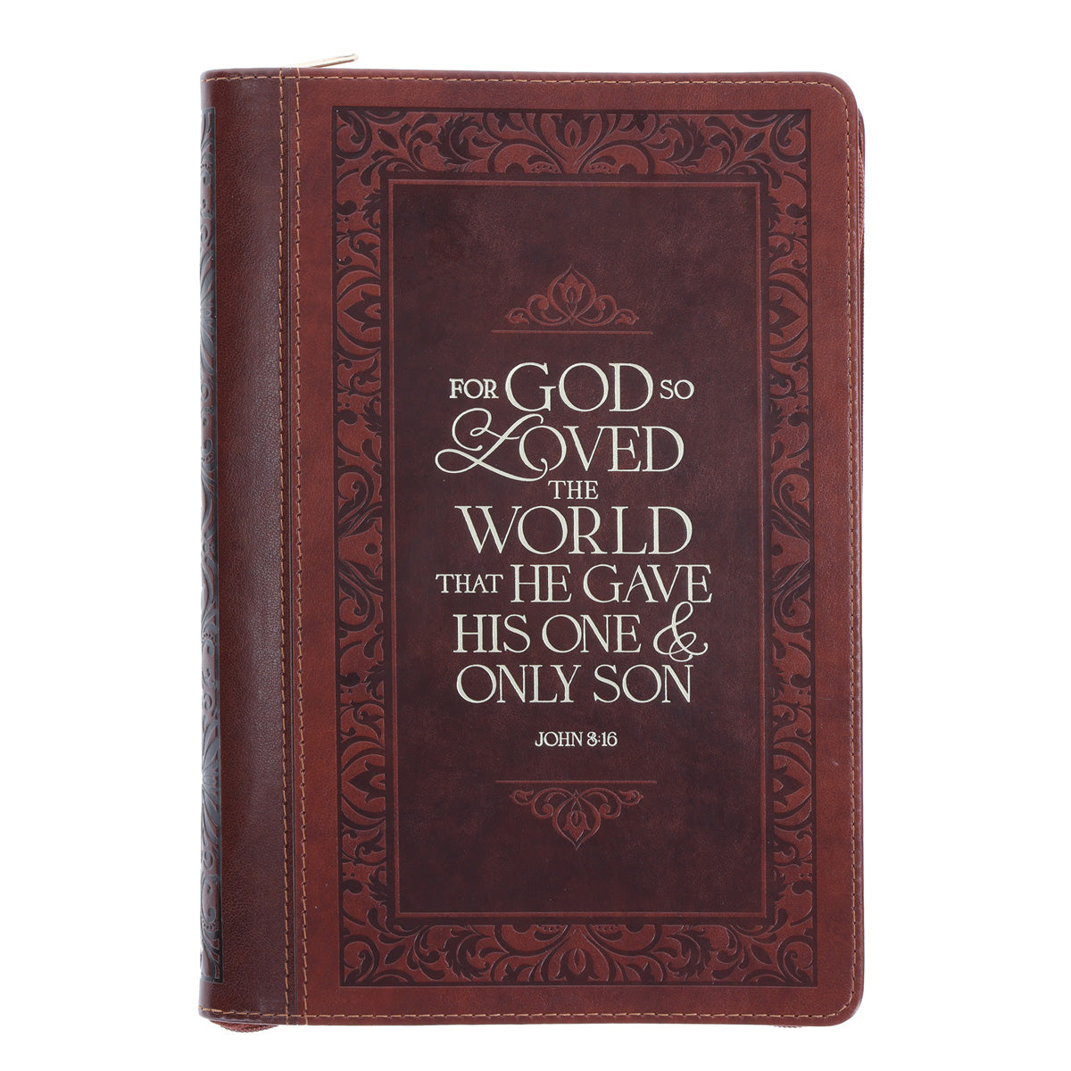 For God So Loved the World Brown Faux Leather Journal with Zipped Closure