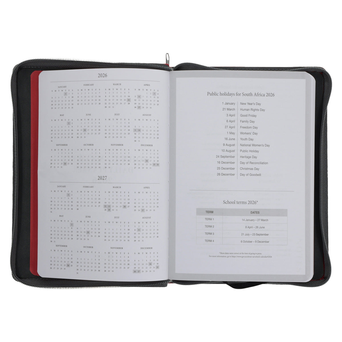2026 John Maxwell A5 Diary - Daily Planner Red and Grey - Imitation Leather with Zip
