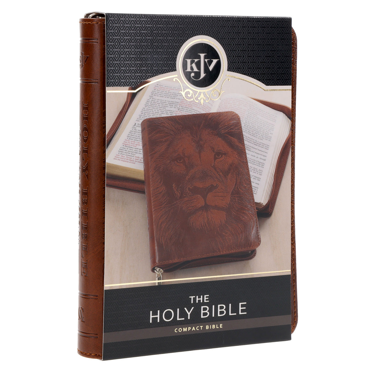KJV Brown Lion Faux Leather Compact Bible with Zip