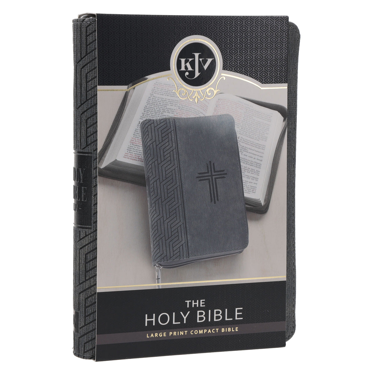 KJV Grey Cross Faux Leather Compact Large Print Bible with Zip