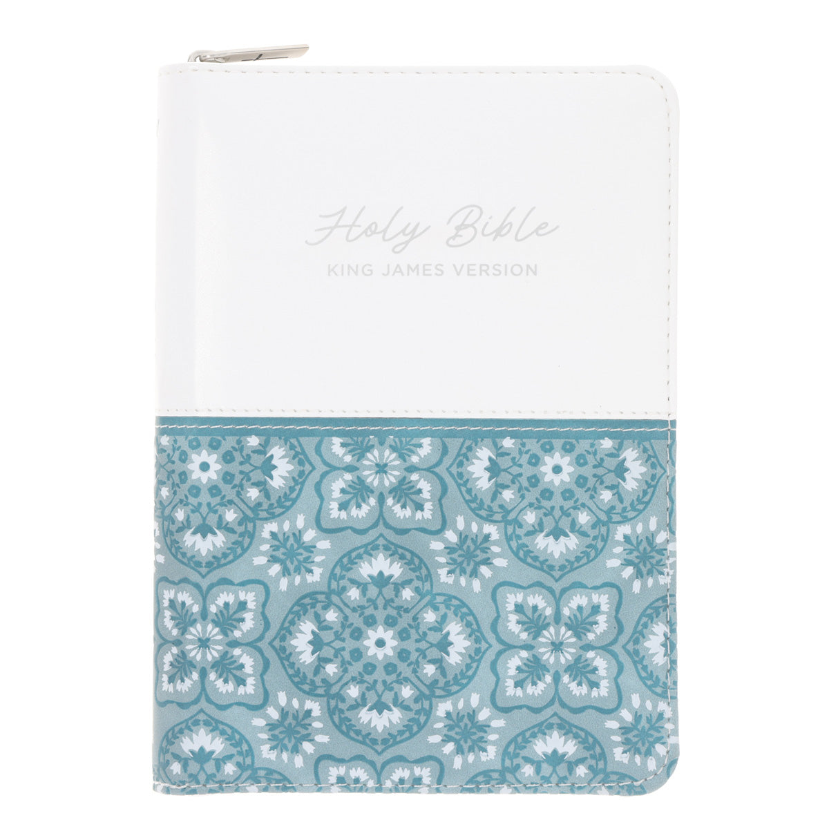KJV White and Blue Faux Leather Compact Large Print Bible with Zip