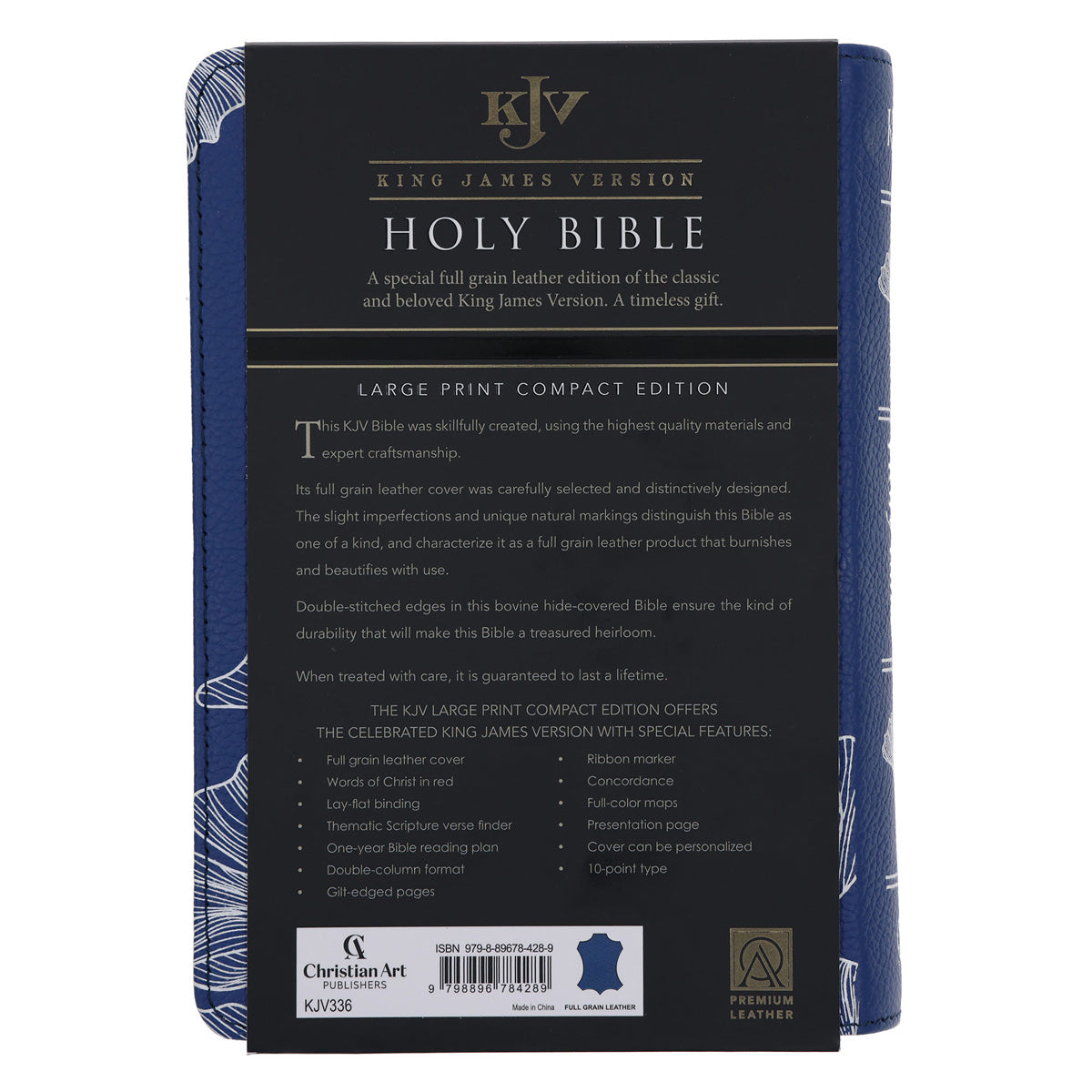 KJV Blue with White Leaves Genuine Leather Compact Large Print Bible