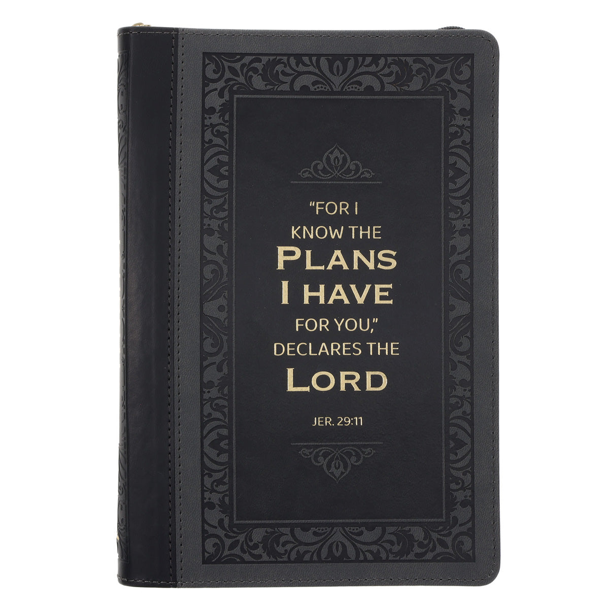 I Know the Plans Two-Tone Black and Grey Faux Leather Journal with Zipped Closure