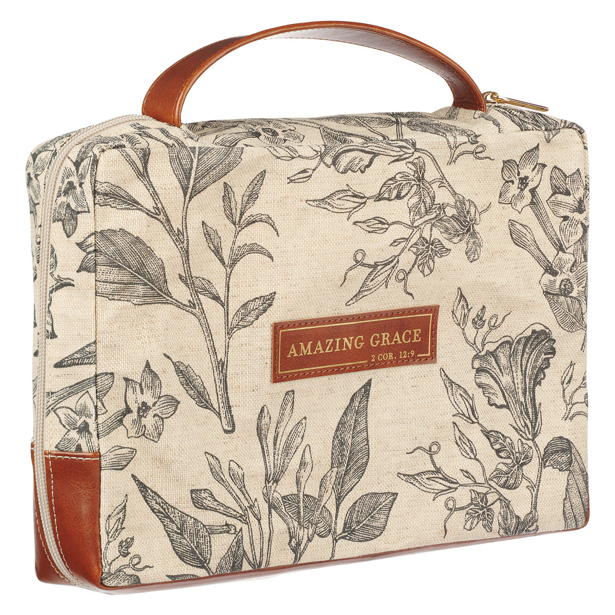 Amazing Grace Floral Cream And Brown Canvas Bible Bag - 2 Cor 12:9