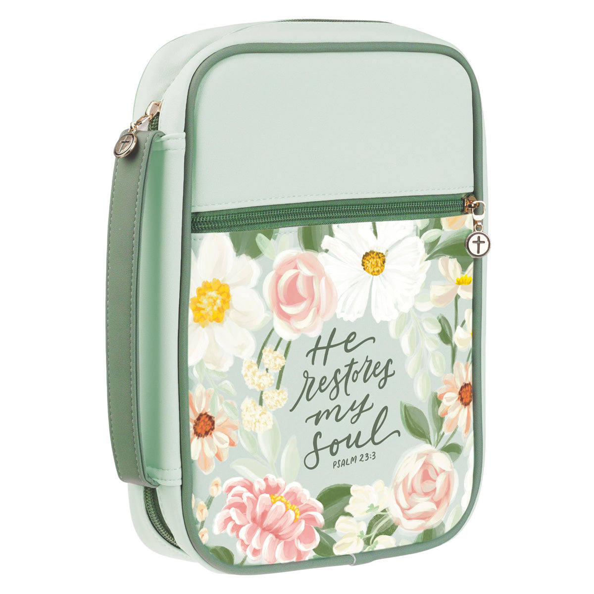 He Restores My Soul Green Floral Faux Leather Bible Bag