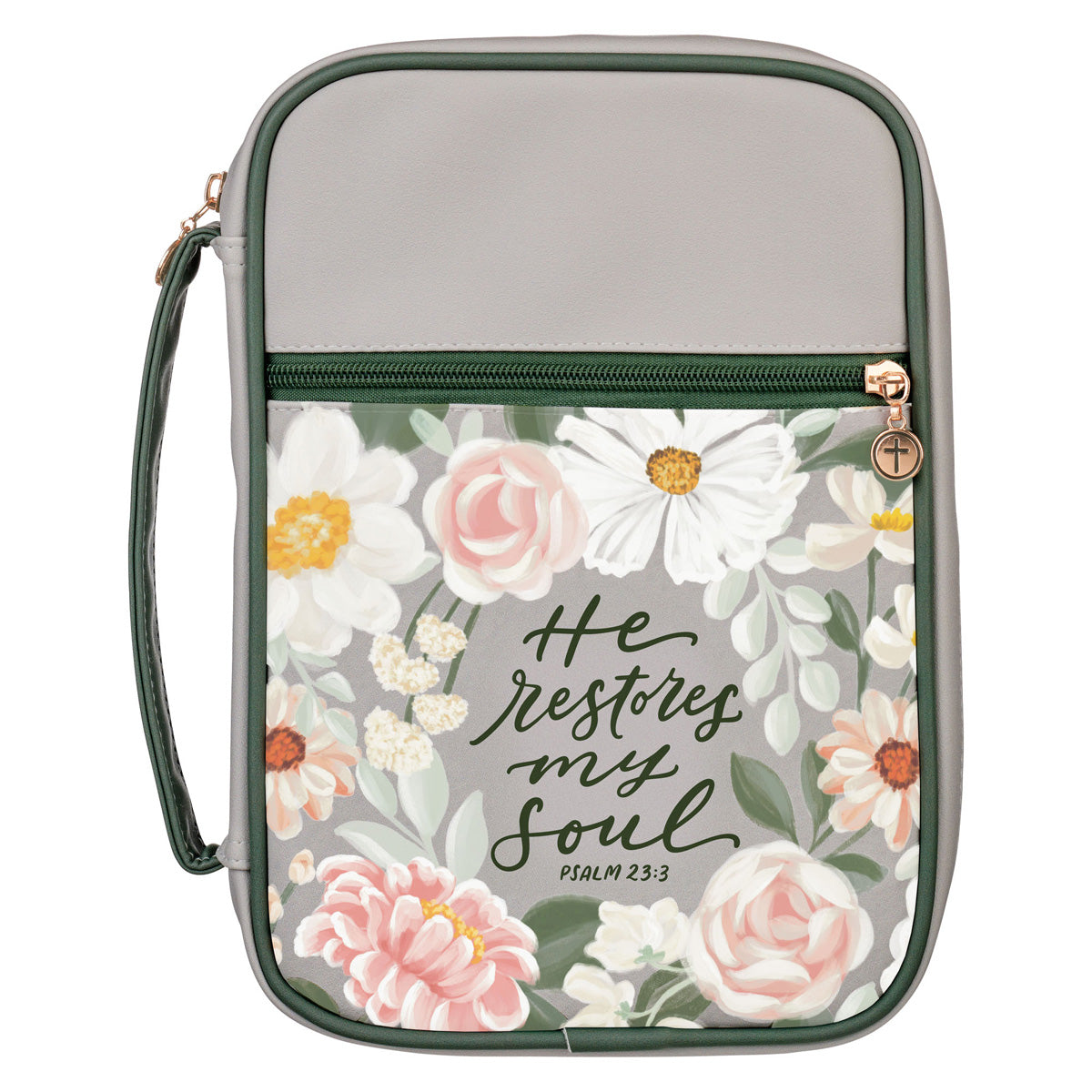 He Restores My Soul Green Floral Faux Leather Bible Bag