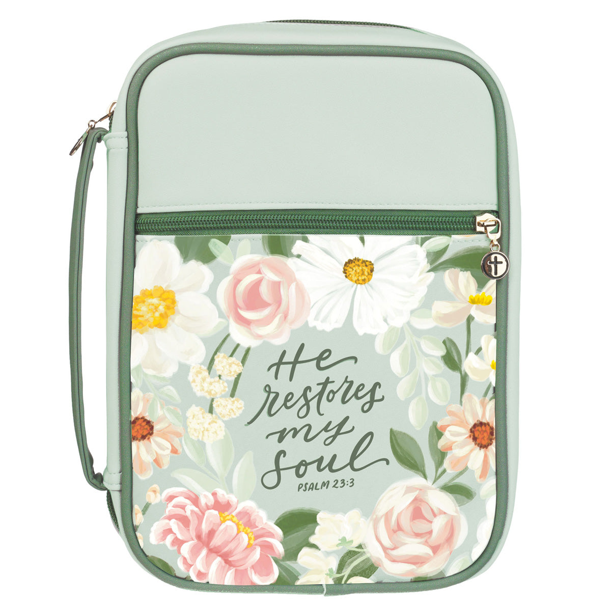 He Restores My Soul Green Floral Faux Leather Bible Bag