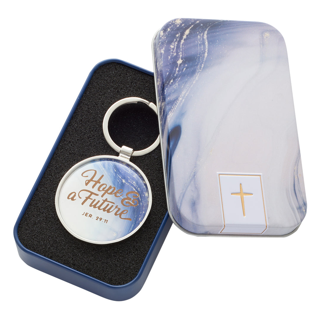 Hope & A Future Faux Leather Key Ring In A Tin - Jeremiah 29:11