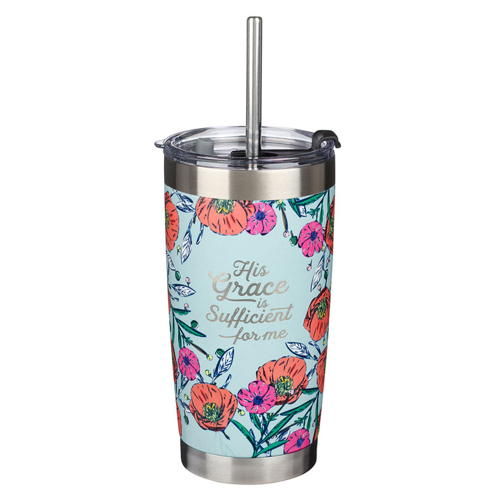 His Grace Is Sufficient Stainless Steel Mug With Straw - 2 Corinthians 12:9