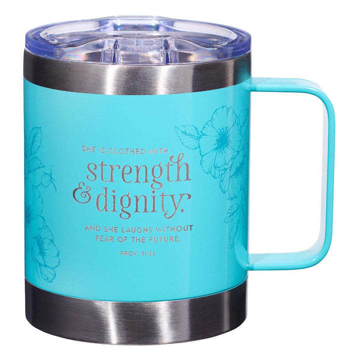 She Is Clothed With Strength Teal Stainless Steel Camp Style Mug - Prov. 31:25