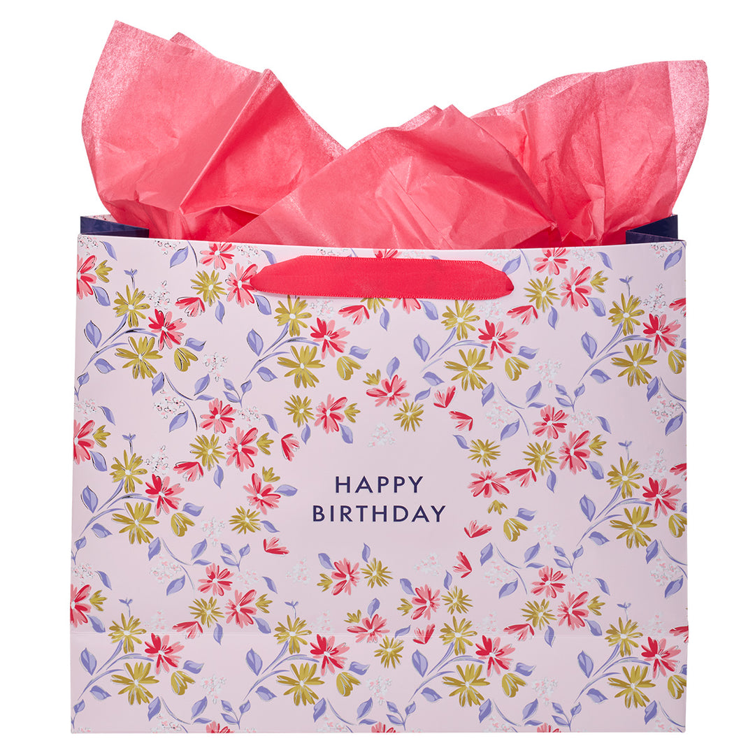 Green And Pink Flower Design Happy Birthday Large Landscape Gift Bag With Card