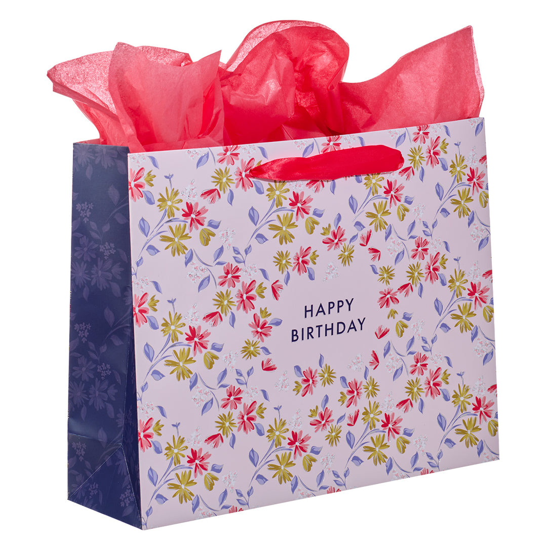 Green And Pink Flower Design Happy Birthday Large Landscape Gift Bag With Card