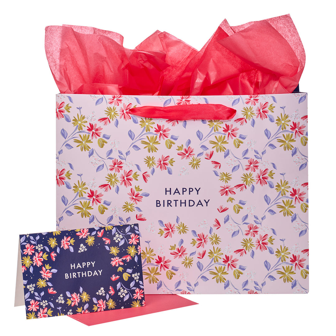 Green And Pink Flower Design Happy Birthday Large Landscape Gift Bag With Card