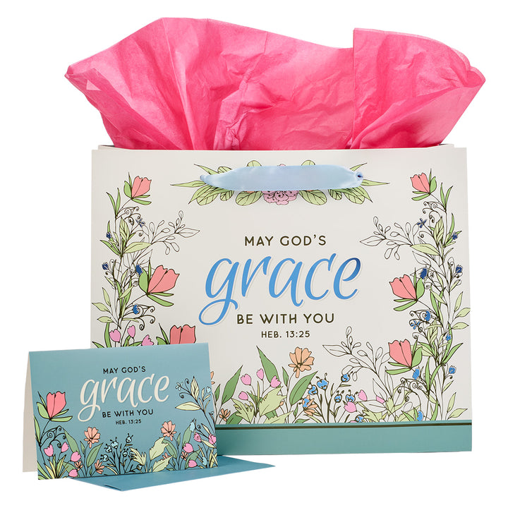 May God's Grace Be With You Blue Large Landscape Gift Bag With Card - Hebrews 13:25