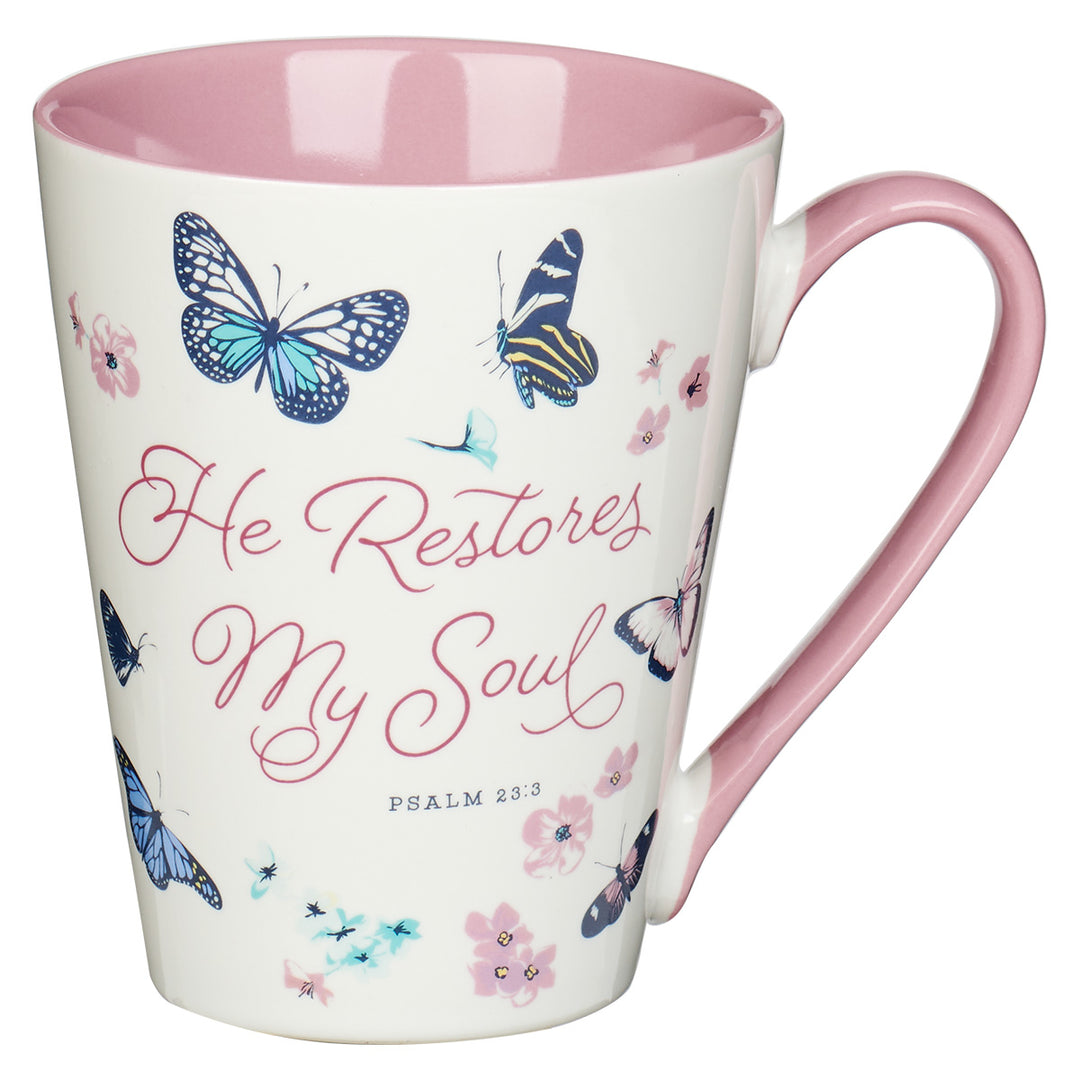 He Restores My Soul Butterflies Ceramic Mug - Psalm 23:3