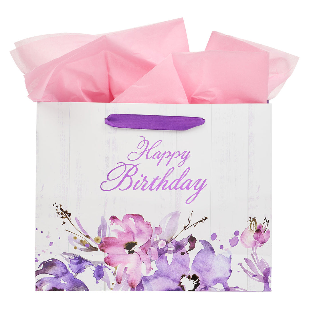 Pink And Purple Tones Happy Birthday Large Landscape Gift Bag With Card