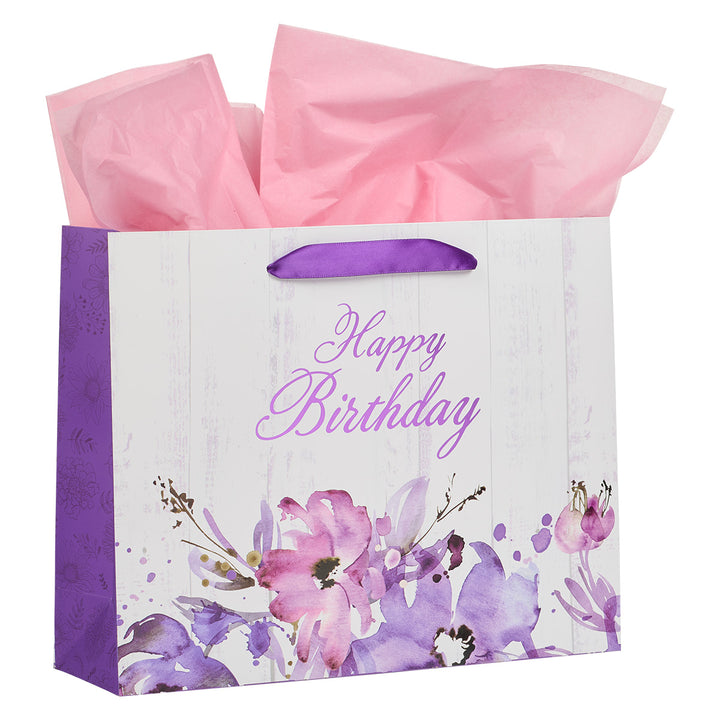 Pink And Purple Tones Happy Birthday Large Landscape Gift Bag With Card