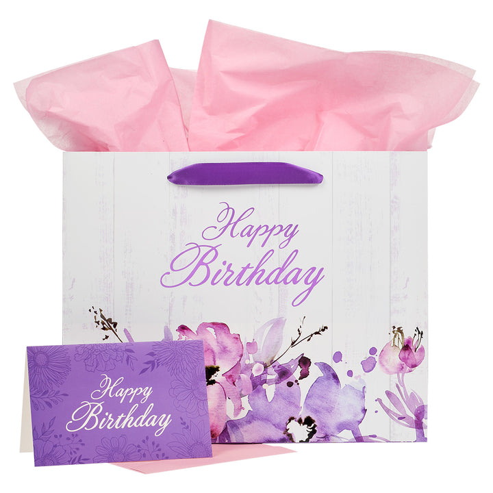Pink And Purple Tones Happy Birthday Large Landscape Gift Bag With Card