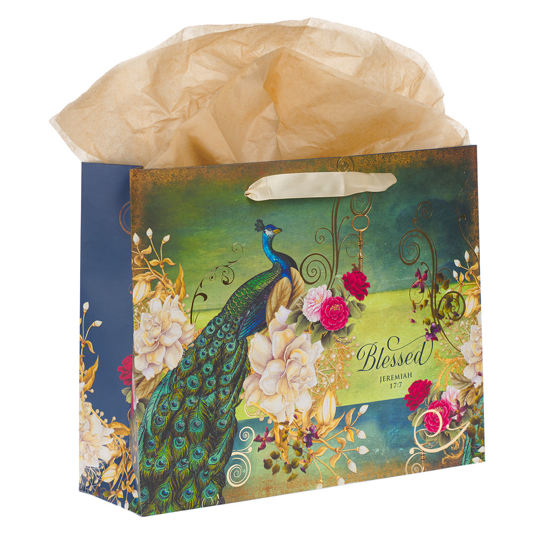 Blessed Peacock Large Landscape Gift Bag With Card - Jeremiah 17:7