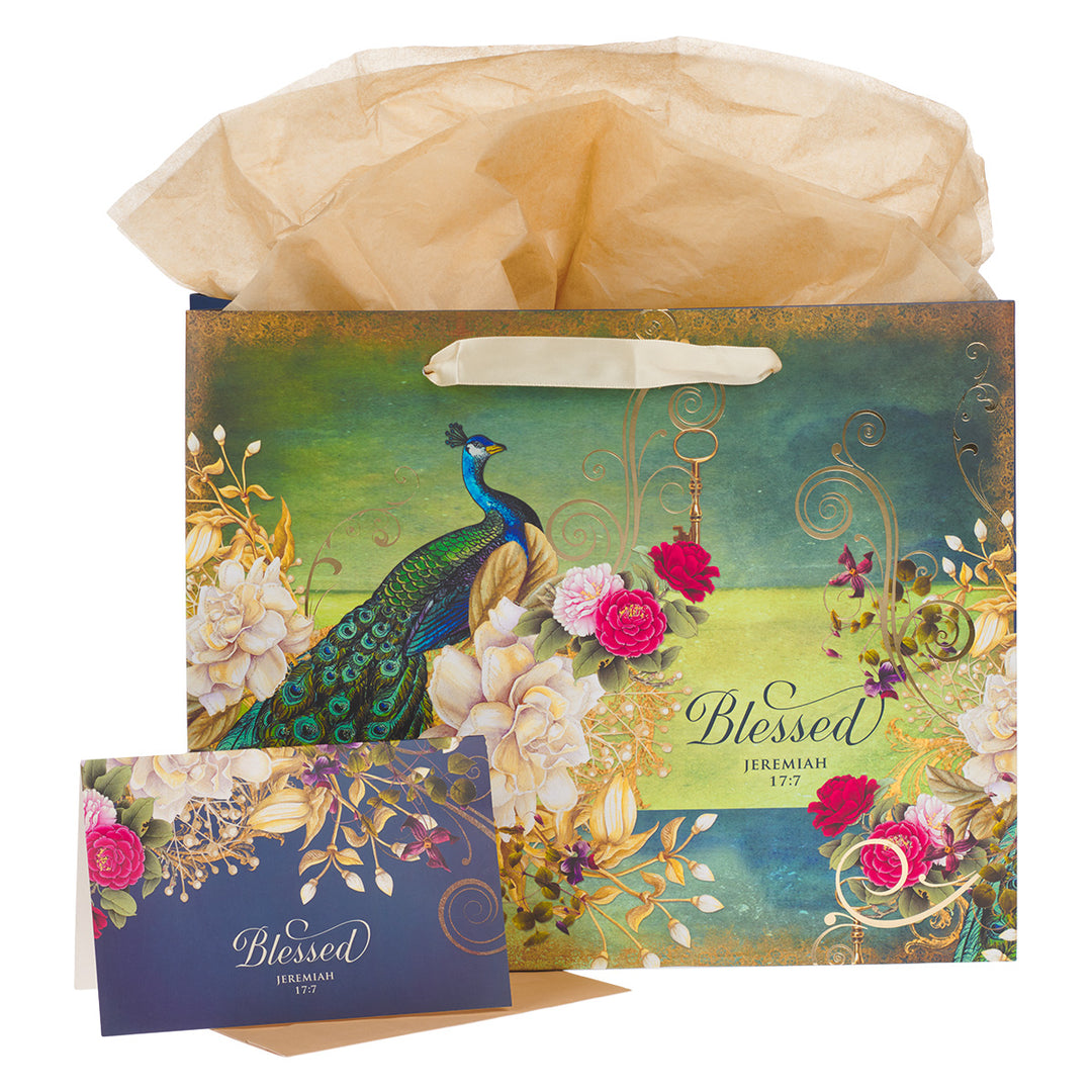Blessed Peacock Large Landscape Gift Bag With Card - Jeremiah 17:7