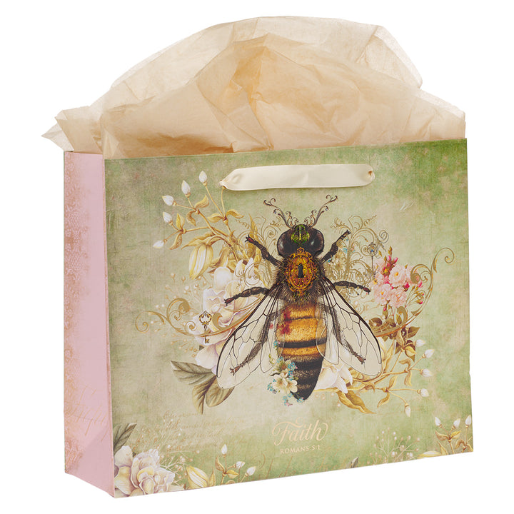 Faith, Bee With Flowers Large Landscape Gift Bag With Card - Romans 5:1