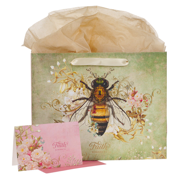 Faith, Bee With Flowers Large Landscape Gift Bag With Card - Romans 5:1