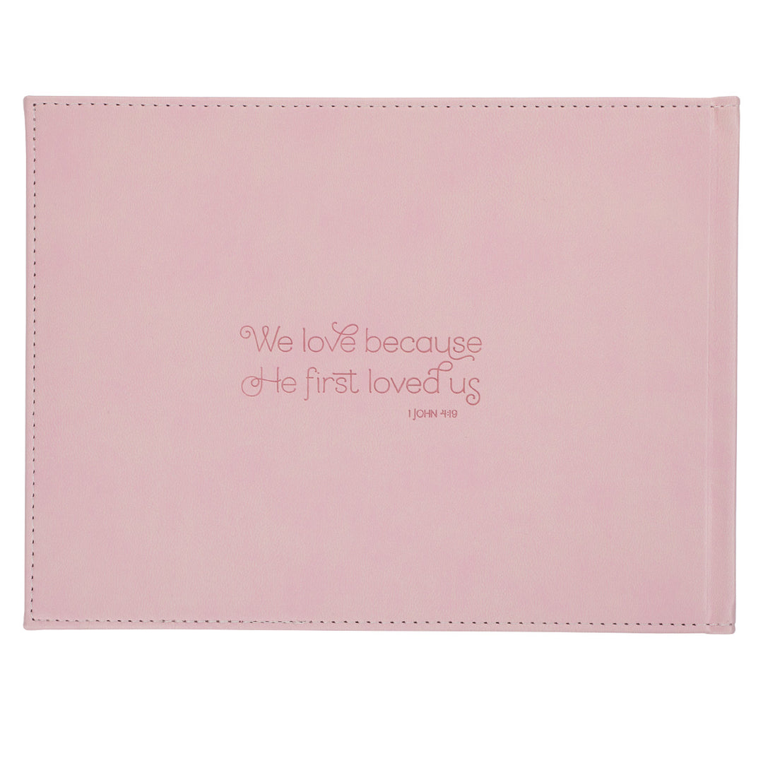 Mr & Mrs White And Pink Floral Medium Faux Leather Guest Book - 1 John 4:19