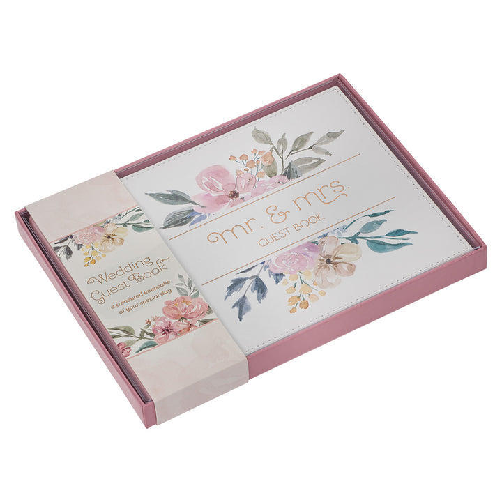 Mr & Mrs White And Pink Floral Medium Faux Leather Guest Book - 1 John 4:19
