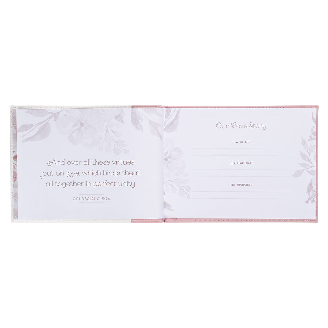 Mr & Mrs White And Pink Floral Medium Faux Leather Guest Book - 1 John 4:19